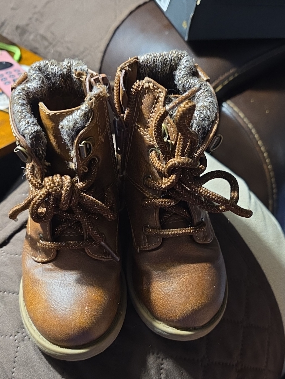 wonder nation Brown Faux-Fur Lined Kids Lace-Up Boots
